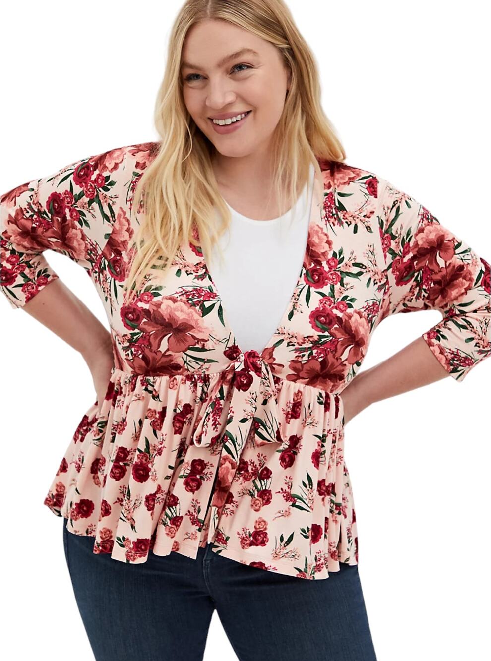 Torrid Pink Floral Knit Crepe Baby Doll 3/4 Sleeve Peplum Jacket Kimono Size 5X